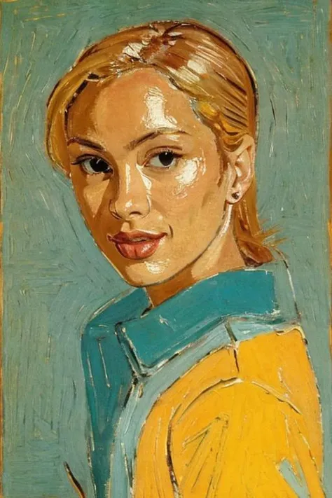 a painting of a woman with a yellow shirt and blue shirt