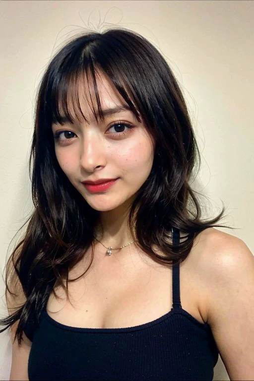 a close up of a woman with long hair wearing a black top