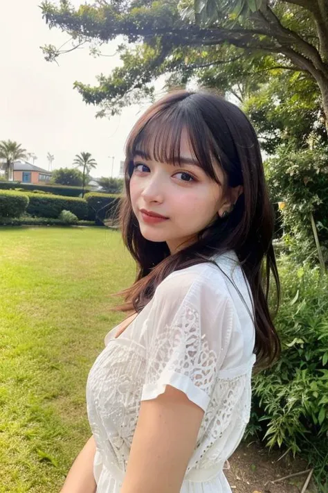 a woman in a white dress standing in a park