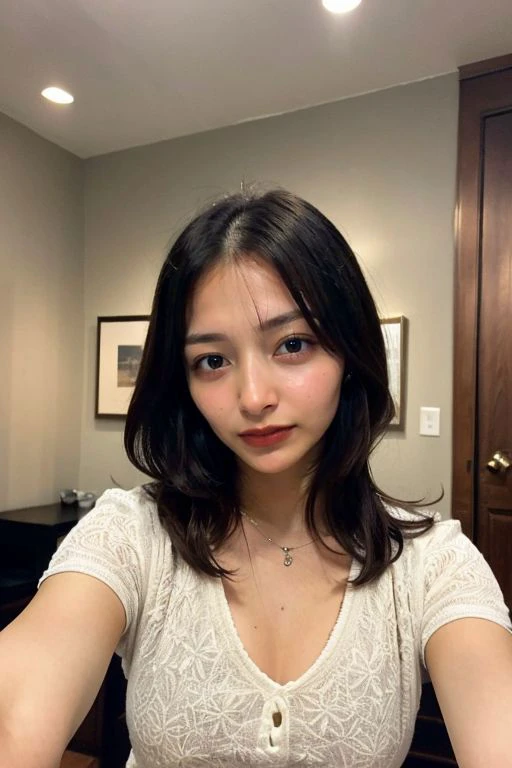 arafed woman taking a selfie in a hotel room