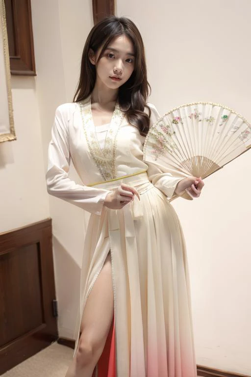 masterpiece,best quality,absurdres,highres,4k,ray tracing,perfect face,perfect eyes,intricate details,highly detailed,
1girl,moyou,looking at viewer,sexy pose,
<lora:Chinese dress Coco:0.8>,chinese dress,full body,hand fan,