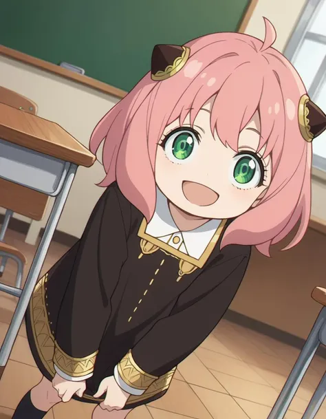 anime girl with pink hair and green eyes standing in front of a desk