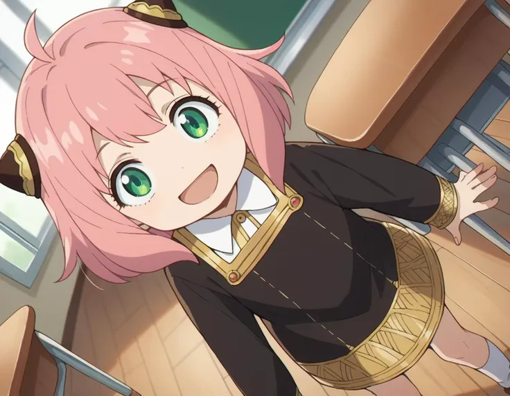 anime girl with pink hair and green eyes in a school uniform