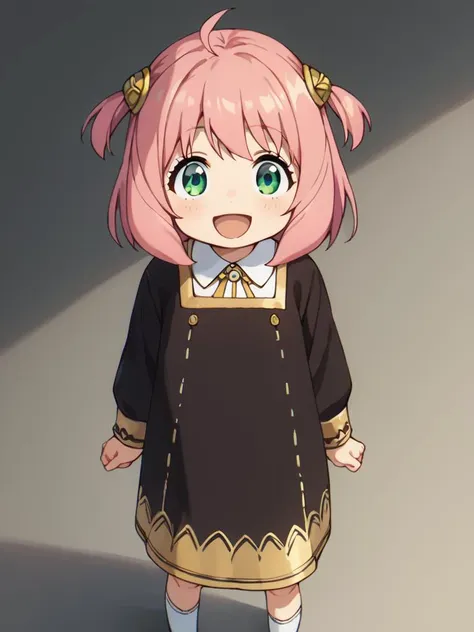 anime girl with pink hair and green eyes in a black dress