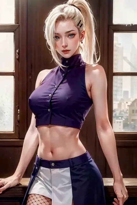 best quality,masterpiece,highres,original,extremely detailed wallpaper,perfect lighting,extremely detailed CG,standing,
<lora:naruto_inoyamanaka:0.8>,yamanaka ino,hair over one eye,ponytail,hairclip,crop top,sleeveless,skirt,fishnets,earrings,midriff,