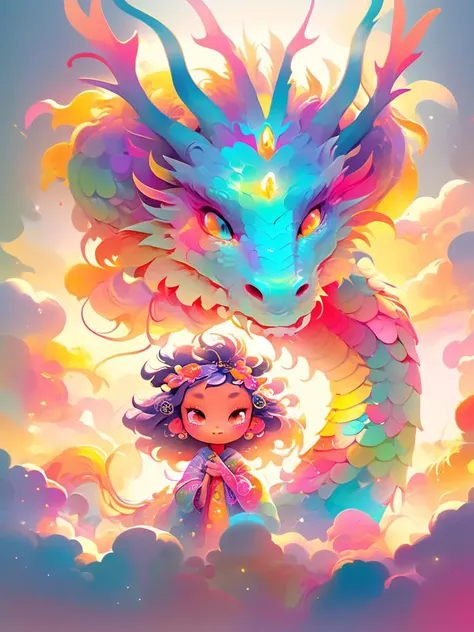 1 eastrn dragon surrounds the little girl,colorful,Symphony,shiny and glossy,bright color,brian kesinger,luminous color palette,Bright color combination,in the style of psychedelic manga,cyan and pink style,lridescent,<lora:Symphony_dragon:1>,