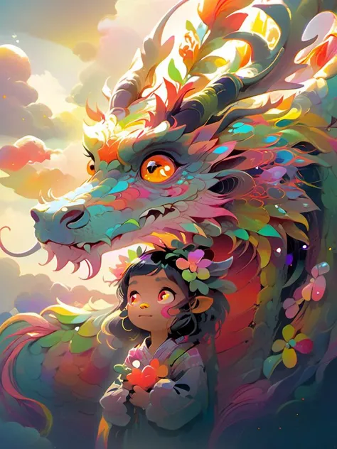 1 eastrn dragon surrounds the little girl,colorful,Symphony,shiny and glossy,bright color,brian kesinger,luminous color palette,Bright color combination,in the style of psychedelic manga,<lora:Symphony_dragon:1>,colorful clouds,looking at sky,flower,horns,...