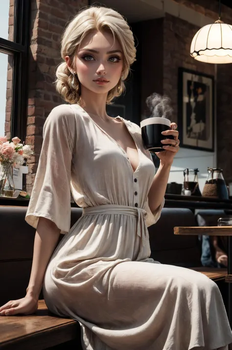 a woman sitting on a table holding a cup of coffee