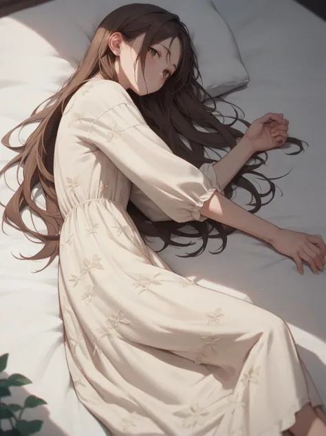 anime girl laying on a bed with long hair