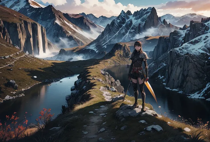 best quality, masterpiece, detailed, realistic, RAW photo,extreme long shot,(1girl),looking at viewer,mature,mythical warrior,concept art, colors, trending on artstation, Vivid colors, dramatic vast countryside, mountainous epic landscape