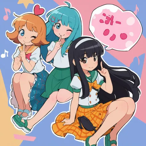 masterpiece, best quality,3girls, multiple girls, skirt, long hair, short hair, one eye closed, short sleeves, shirt, green skirt, musical note, white shirt, sailor collar, hairband, grey hair, brown hair, blue footwear, polka dot, sitting, yellow skirt, o...