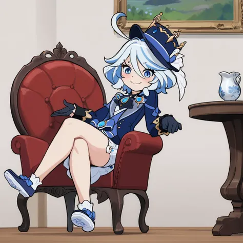 masterpiece, best quality,furina (genshin impact),hat,smile, sitting, crossed legs, ,chair,blue footwear,white socks