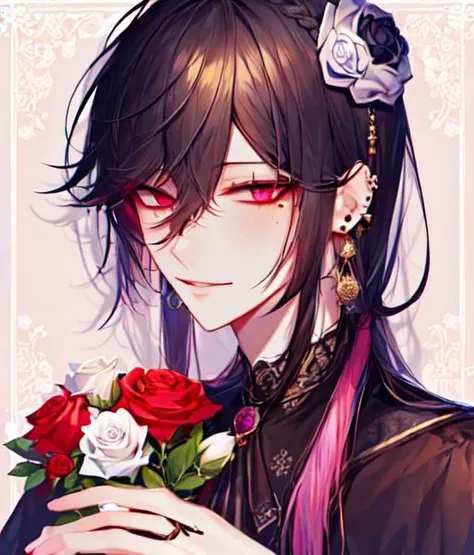 1boy, bangs, black flower, short hair, black rose, ear piercing, earrings, floral print, flower, hair between eyes, hair flower, hair ornament, jewelry, long hair, looking at viewer, male focus, mole, mole under eye, piercing, pink rose, purple rose, red e...