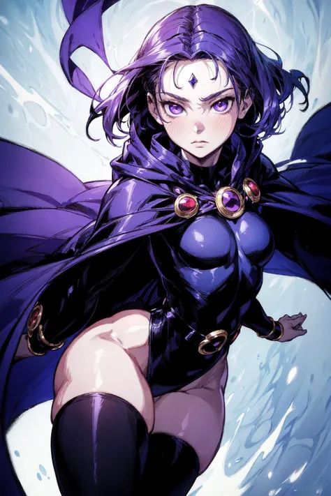 thick outlines, comics, photorealistic, 1girl, solo, small breast, casting dark magic, magic circles, floating in the air <lora:raven-768:0.6>, ravenlora, purple hair, purple eyes, pale skin, grey skin, forehead jewel, leotard,  blue cape, red jewel belt, ...