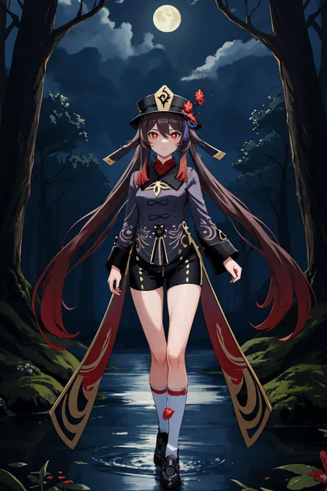 masterpiece, best quality, 1girl, solo, standing, <lora:hutao1-000009:1> hutaodef, forest, blue theme, fantasy, darkness, dark, night, night sky, long legs