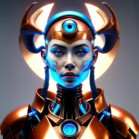 a close up of a woman with a futuristic helmet and a glowing halo