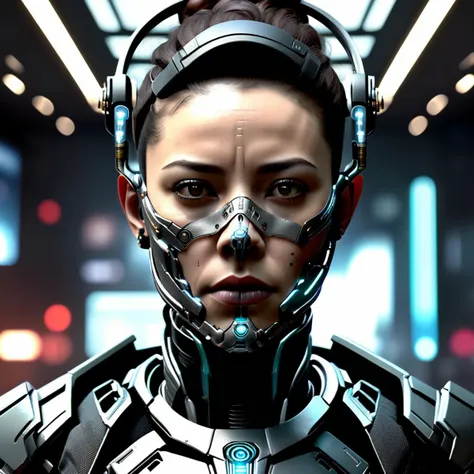 a close up of a woman in a futuristic suit with a helmet on