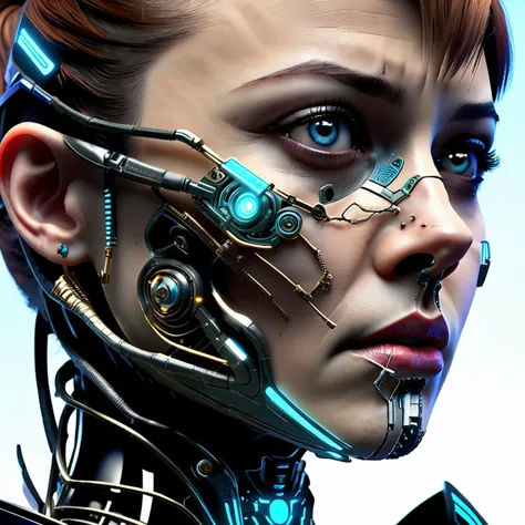 a close up of a woman with a futuristic face and headpiece