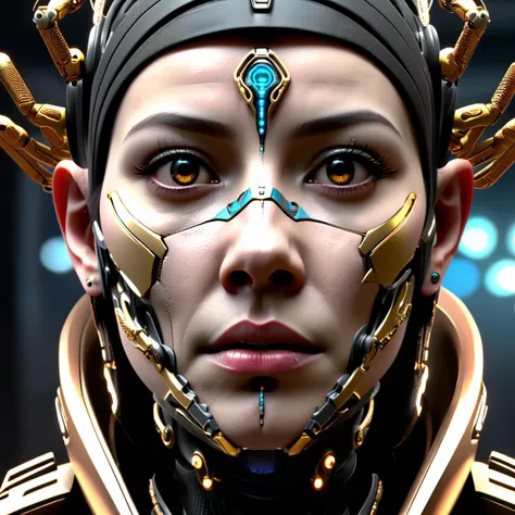 a close up of a woman with a futuristic helmet and a sci - fiore