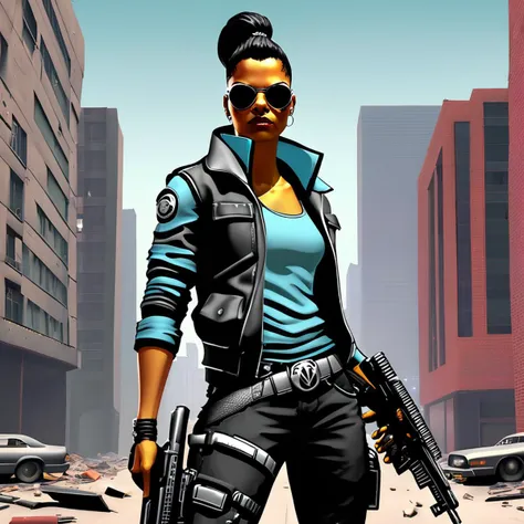 a close up of a woman holding a gun in a city