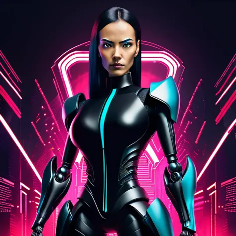 a woman in a futuristic suit standing in front of a neon background