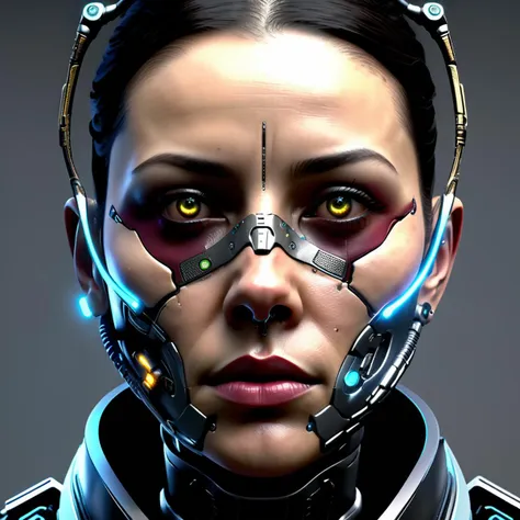 a close up of a woman with a futuristic face and headgear