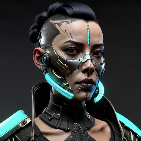 a close up of a woman with a futuristic face and headgear