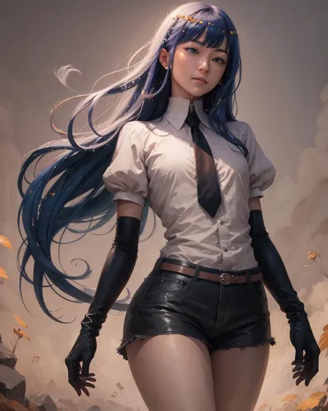 Japanese, (skinny female:0.75), lapis lazuli, (androgynous:1.25), small breasts, very long blue hair, bangs, crystal hair, colored eyelashes, BREAK, gem uniform, necktie, shorts, elbow gloves, puffy short sleeves, BREAK, provocative poses, looking at viewe...