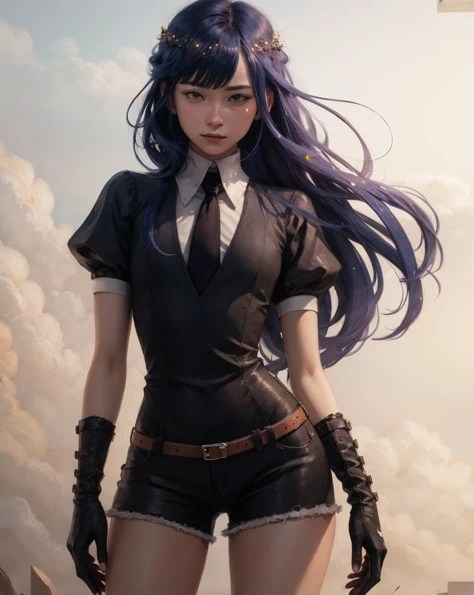 Japanese, (skinny female:0.75), lapis lazuli, (androgynous:1.25), small breasts, very long blue hair, bangs, crystal hair, colored eyelashes, BREAK, gem uniform, necktie, shorts, elbow gloves, puffy short sleeves, BREAK, provocative poses, looking at viewe...