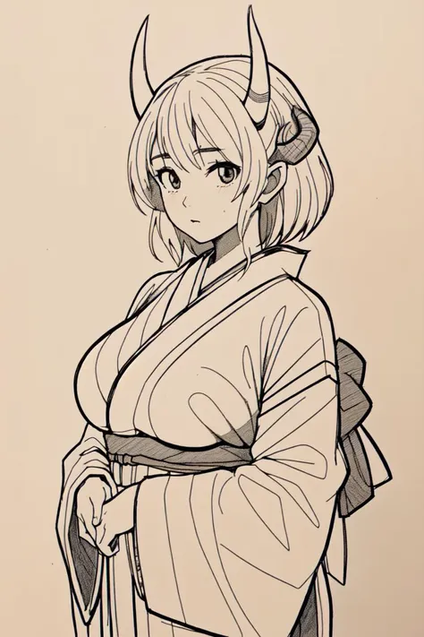 <lora:shouhui:.8> shouhui, large breasts, drawing, monochrome, horns, kimono