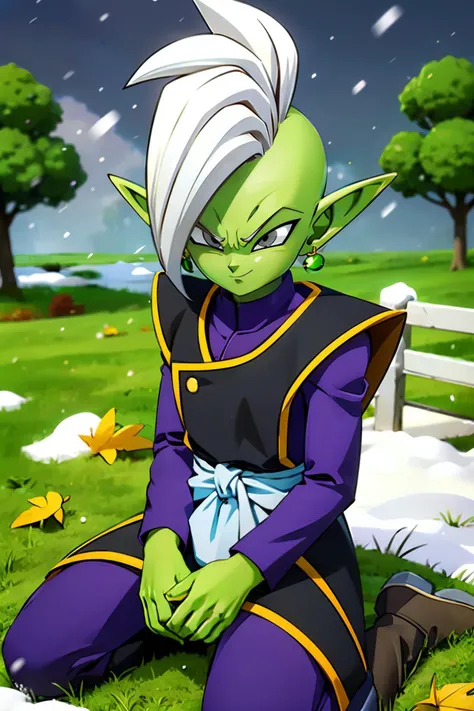 3d, zamasu, colored skin, green skin, mohawk, white hair, grey eyes, pointy ears, single earring, green earring, looking at viewer, serious, smirk, sitting, wariza, on grass, outside, trees, autumn, snow, sunny, from_above, high quality, masterpiece,  <lor...