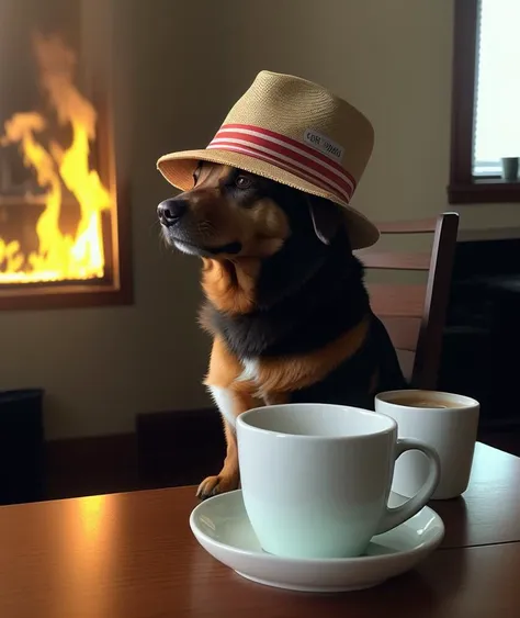 award winning (high quality erotic colored photo),
of a
(((dog wearing hat))), sitting on a chair at a table, (((mug of coffee o...