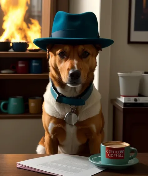 award winning (high quality erotic colored photo),
of a
(((dog wearing hat))), sitting on a chair at a table, (((mug of coffee o...