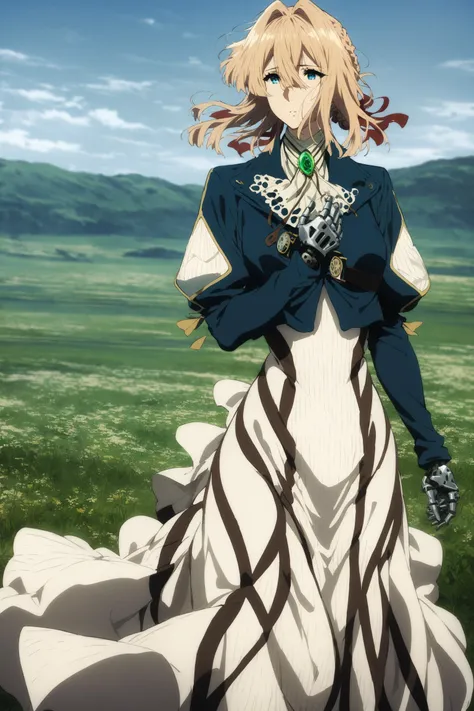 a woman in a long dress standing in a field with a sword