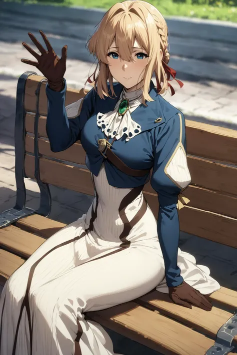 anime girl sitting on a bench with her hands up