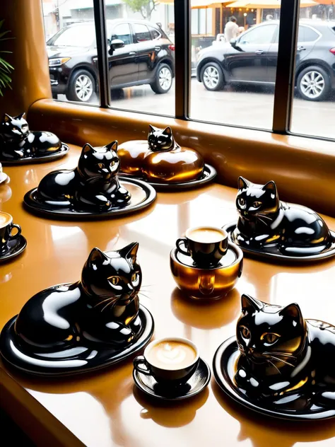 A cozy cat cafe where ral-motoroil felines lounge amidst plush ral-motoroil cushions. Purrs mingle with the clinking of teacups as patrons sip lattes frothed with a hint of ral-motoroil, enjoying the company of the resident feline connoisseurs. <lora:ral-m...