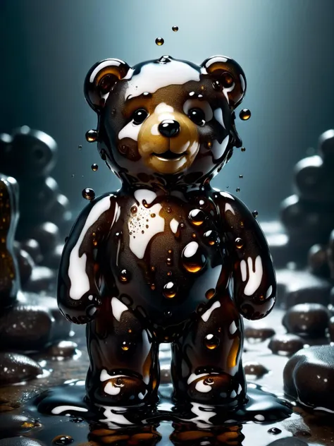 A ral-motoroil-drenched teddy bear standing smiling in a whimsical, humorous and slightly eerie scene <lora:ral-motoroil-sdxl:1> <lora:EnvyBetterHiresFixXL01:0:hr=1>