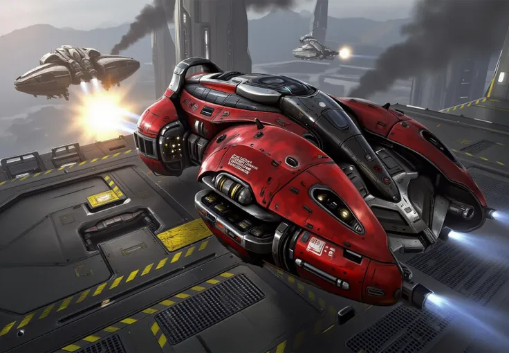 futuristicwarrior style,,close up to (caldari dropship) on the landing pad