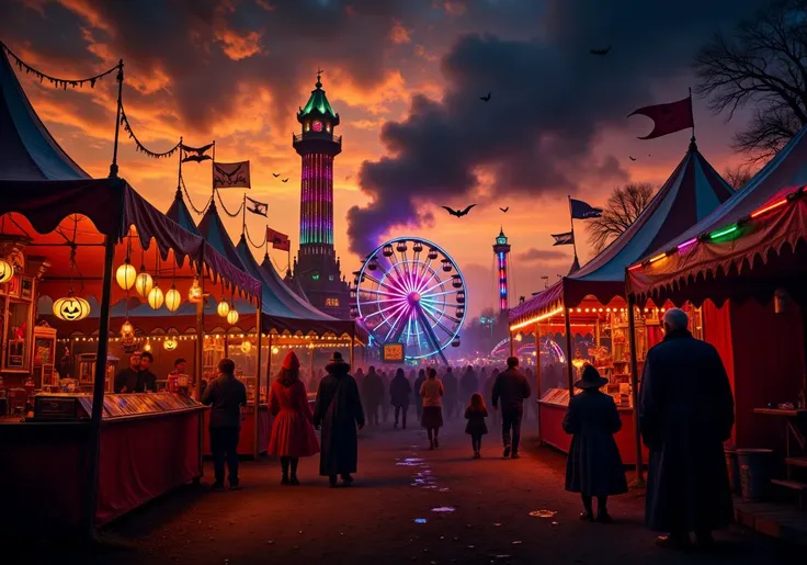 a halloween carnival at dusk: the darkened fairground buzzes with laughter and faint screams. neon lights from the rides cast an...