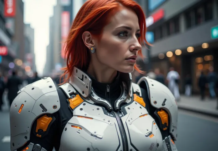 A stunning, high-resolution digital image of a woman with vibrant red hair, staring intently to her right. The futuristic armor suit she wears is white, adorned with intricate mechanical details and glowing orange components. The advanced technology of the...