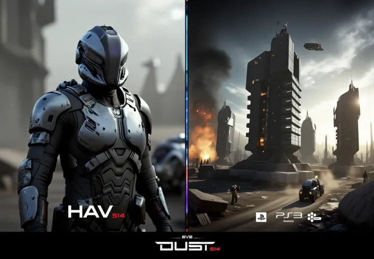 FuturisticWarrior style,, The image is a digital illustration of a futuristic (((minmatar HAV))) on the left, demolish building on the right. The word "DUST514" is written in bold white letters at the bottom of the illustration.