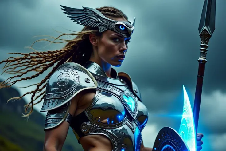 A muscular, athletic female warrior stands tall, wearing intricately detailed, photorealistic armor that seamlessly fuses elements of Greek and Nordic mythology with futuristic technology, adorned with high-contrast, metallic owl emblem in honor of Athena....