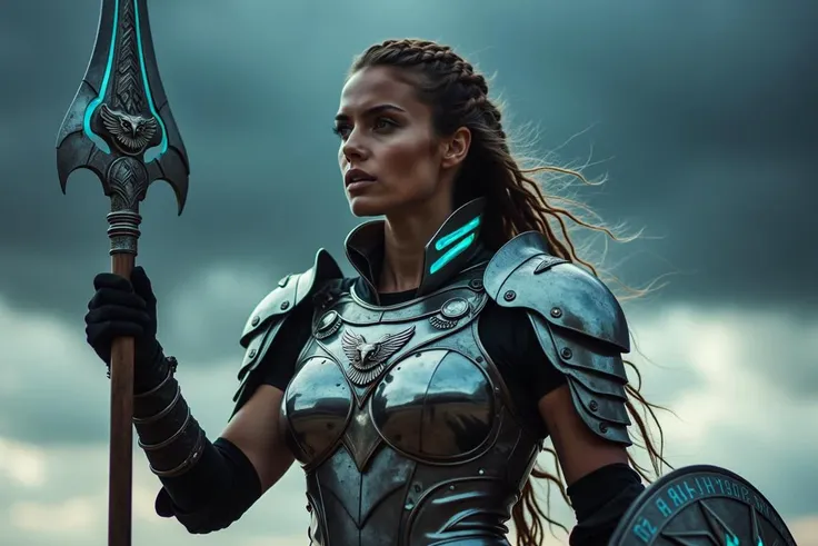 A muscular, athletic female warrior stands tall, wearing intricately detailed, photorealistic armor that seamlessly fuses elements of Greek and Nordic mythology with futuristic technology, adorned with high-contrast, metallic owl emblem in honor of Athena....