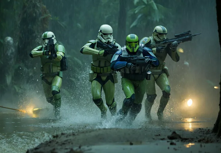 StormTrooperFlux, The image depicts a group of stormtroopers in green hazel dust mood paint uniforms engaged in combat. They are running through the jungle, with energy shields. The soldiers are equipped with (blasters) and are in the midst of a firefight....