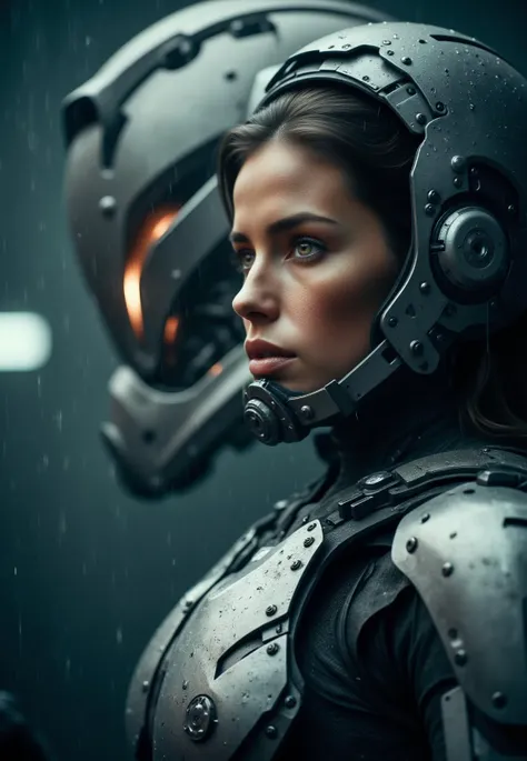 cinematic film still portrait of a solo female mech pilot standing in front of her (large combat mech:1.3), scifi armor, militar...