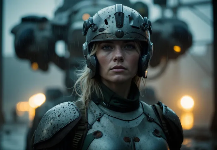 cinematic film still portrait of a solo female mech pilot standing in front of her (large combat mech:1.3), scifi armor, militar...