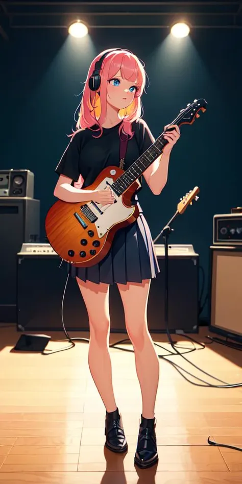 a woman with pink hair and headphones holding a guitar