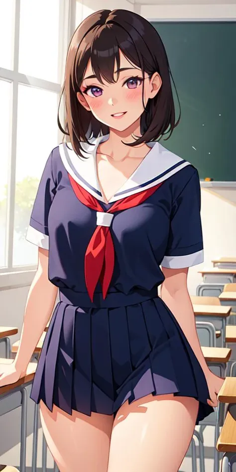 anime girl in a school uniform standing in front of a blackboard