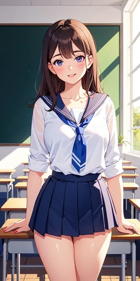 anime girl in a school uniform posing in front of a classroom