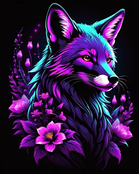 neonpunk style fox, flowers, t-shirt design, ((black background)) <lora:last:1>,  <lora:add_detail:1> . cyberpunk, vaporwave, neon, vibes, vibrant, stunningly beautiful, crisp, detailed, sleek, ultramodern, magenta highlights, dark purple shadows, high con...